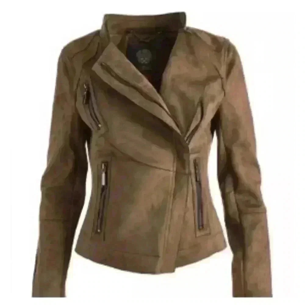 VINCE CAMUTO OLIVE GREEN SYNTHETIC SUEDE ASYMMETRIC ZIPPER JACKET SIZE XS - Picture 3 of 10